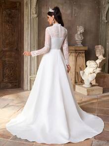 Aureia Elegant, Luxurious And Romantic White Mandarin Collar Long Sleeve French Lace And Chiffon With Pleated Satin Oversized A-Line Hem, Suitable For Weddings, Parties, Vacations, Graduations, Bridal Gowns