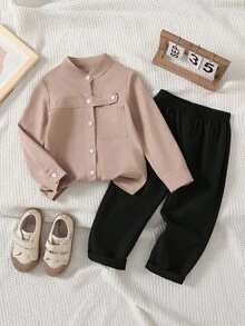 Souflis Souflis 小男孩返校休闲时尚舒适立领长袖衬衫和裤子两件套 - 駝色 - 查看 3