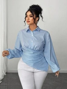 Elenzga Camisa feminina casual plus size com listras e bainha assimétrica, manga comprida, adequada para uso diário, outono/inverno - Multicolorido - Ver 5