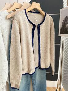 Franclia 法式复古宽松圆领长袖撞色滚边针织开衫，女士秋冬外出休闲开衫