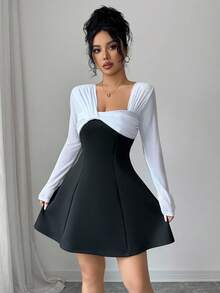 Modelyn French Elegant Design Patchwork Cinched Waist Light Cocktail Dress - Black and White - View 5