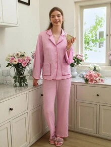 Contrast Binding Flounce Sleeve Top & Pants Lounge Set Outfit, Fall Winter Clothes Cozy And Elegant Details - Pink - View 5