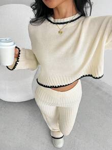 SHEIN 2 件青少年女孩休闲舒适毛衣和裤子套装，撞色装饰秋冬装 FGirlmen - 杏色 - 查看 8