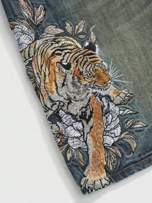 ROMWE Avant Unisex Retro Straßen-Stil Chinesischer Tiger & Blumen Stickerei Weite Schlabberhose mit niedriger Taille