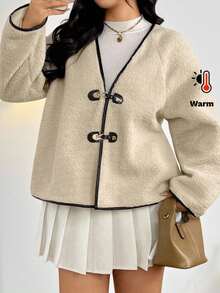 Firerie Veste décontractée rétro pour le retour à l'école, à manches longues, à double boutonnage,  avec boutons métalliques, doublée de sherpa, col en V, coupe ample, avec passepoil contrastant, pour femmes grandes tailles, pour l'automne/l'hiver