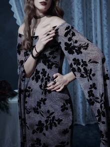 Glisette Elegant Knitted Mesh Flocked Off Shoulder Midi Dress For Women, Suitable For Summer & Autumn - Multicolor - View 4