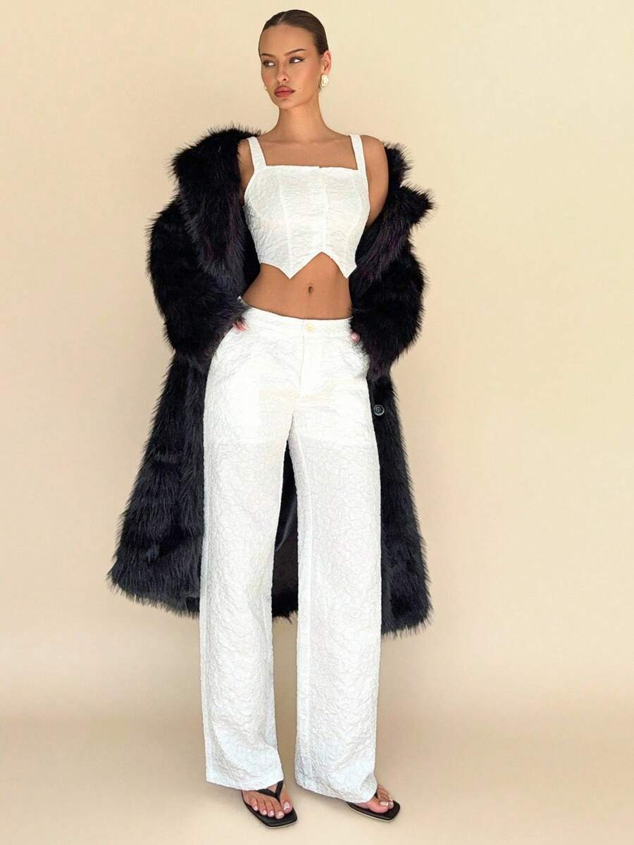 Chiquease Conjunto de top corto y pantalones texturizados de estilo casual y elegante para mujer - Blanco - Ver 1