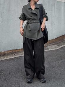 FRIFUL 女士纯色翻领纽扣收腰修身袖口休闲风衣外套，秋季百搭常规版型女式大衣 - 灰色 - 查看 2