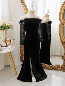 SHEIN Young Girl Elegant Black Velvet & Mesh Rhinestone Embellished Off Shoulder Long Sleeve Dress - Black - View 4