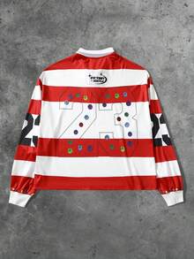 ROMWE MEN Men Half-Zip Casual Preppy Long Sleeve Versatile Digital Striped Sports T-Shirt, Fall