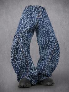 Manfinity Denimwave Premium American Snake Skin Print Cargo Jeans Baggy Regular Washed Thrashed Denim For Unisex - Blue - View 3