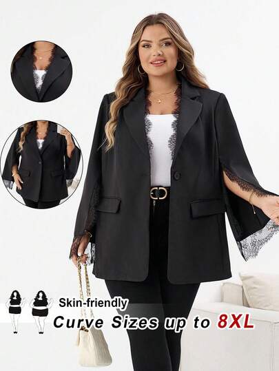 SHEIN CURVE+ 大码女式优雅中式立领腰部合身蕾丝拼布开叉袖西装外套，适合通勤、办公室和约会，秋冬黑色