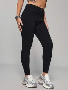 SHEIN PETITE Quần Jeans Denim Nữ Skinny Túi Gọn Nhẹ Đa Năng Thường Ngày - màu đen - Xem 4