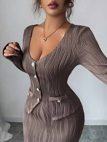 Elenzga 秋冬新款复古Y2K坏女孩波浪纹理套装，珍珠纽扣开衫V领T恤修身款+松紧腰鱼尾裙，两件套，独立日斯德哥尔摩风格棕色 - 棕色 - 查看 2