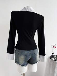 Elamini Áo sơ mi dài tay họa tiết sọc vá màu đen đơn giản, thoải mái, phong cách đại học, có mũ trùm đầu, dáng ôm vừa vặn, thoải mái cho nữ, mùa thu/đông - Đen và trắng - Xem 2