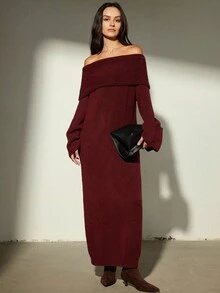 Aveloria Modichic New Loose Off-Shoulder Long Sweater Dress, Casual Chic Style - Burgundy - View 6