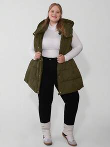 SHEIN CURVE+ Curve Plus Zip Up Hooded Vest Coat, For Winter - Army Green - View 2