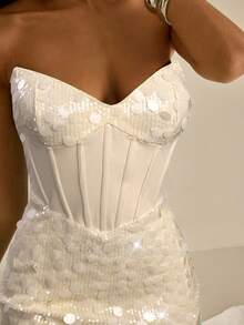 Vowa Elegantes, luxuriöses Minikleid mit Pailletten-Patchwork und elastischem Strick, trägerlos, geeignet für Hochzeiten, Partys, Feiertage, Bälle - Aprikosenfarben - Übersicht 4