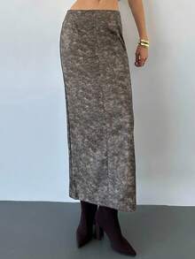 Firerie Women's Low Waist Extra Long Mermaid Skirt,Brown Checkered PU Leather Faux Denim Skirt,Autumn Elegant Dinner Y2K Style Casual Commuter Clothes - Brown - View 4