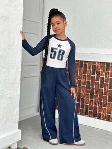 SHEIN Sparklyn 2件組 青少年女孩海軍藍數字印花長袖圓領上衣與寬腿長褲休閒運動套裝，適合秋季校園與假期 - 藏蓝色 - 查看 3
