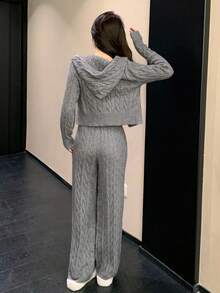 DAZY 秋冬休闲修身针织开衫和直筒裤套装，新年和圣诞节时尚连帽毛衣，纹理针织运动紧身裤，女士两件套毛衣套装 - 灰色 - 查看 3