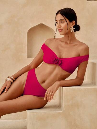 Swim Chiccia Conjunto de traje de baño elegante para mujer con hombros descubiertos, bandeau y tiro alto, adecuado para vacaciones de verano y playa