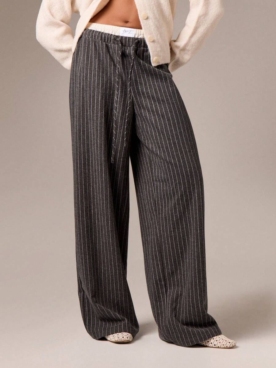 AiiRZ Wide Leg Pinstripe Double Waistband Palazzo Pants Contemporary Office Wear Business Casual Long Trousers Elegant Winter Fashion - Multicolor - View 1