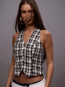 MUSERA Top corto ajustado con cuello en V y botones a cuadros, para salir de noche, uso diario, primavera, verano, otoño e invierno - Multicolor - Ver 2