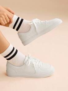 CUCCOO EASI Women's Round Toe Lace-Up Casual Sneakers, Flat Comfortable Athletic Shoes For Students - White - View 7
