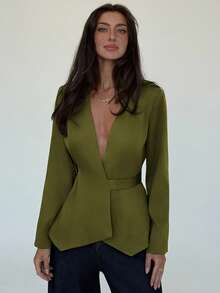 Aloruh Blazer de mujer de unicolor con cuello en V profundo para otoño/invierno - Verde militar - Ver 3