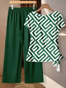 Mellowie Casual Minimalist All-Over Print Plus Size 2 Pieces Set - Dark Green - View 2