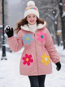 SHEIN Chaqueta con capucha informal para niñas preadolescentes y adolescentes con diseño floral 3D lindo - Multicolor - Ver 7