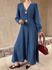 K-Vae Women's Autumn And Winter V-Neck Rose Button Dress, Long A-Line Dress, Elegant Commuter Dress, Party Dress,New Year's Wear - Dark Wash - View 5