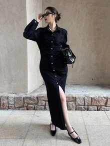 K-Vae Women's Winter Black Denim Long Dress, Elegant Button-Down Long-Sleeved Dress, Waist-Hugging Daily Commuting Dress,New Year's Wear - Black - View 5