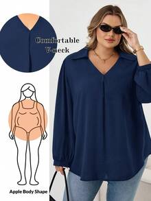 SHEIN CURVE+ 大码女式秋冬休闲宽松舒适 V 领黑色长袖衬衫、秋季女装、女式衬衫、曲线上衣、老款、黑色上衣、商务休闲女装、女式办公室装、W、教师衬衫、女式秋装、冬季、CURVE PLUS - 藏蓝色 - 查看 9