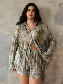 Flirla Set de 2 piese, cămașă și pantaloni scurți, cu mânecă lungă, casual, mărime plus - Verde - Vizualizare 4