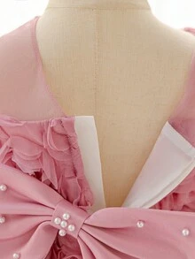 SHEIN Glamorique Kids Vestido rosa 3D con flores para niñas, manga abullonada de satén de malla, vestido de fiesta con lazo en la espalda y cuentas, vestido de flores para niña pequeña de boda, vestido de gala de cumpleaños para niña - Rosa vieja - Ver 6