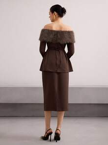 Modelyn 女士时尚通勤毛茸茸拼布露肩上衣和半身裙两件套 - 棕色 - 查看 3