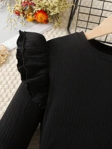 SHEIN 少女优雅盖袖罗纹长袖 T 恤和格子纽扣粗花呢迷你裙套装，圣诞节、节日/家庭日/新年快乐 - 黑與白 - 查看 7
