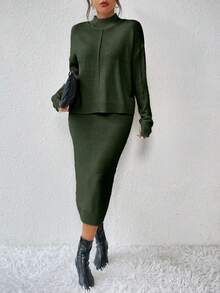 EMERY ROSE Damen Set aus einfarbigem Pullover mit Stehkragen und Drop Shoulder, Langarm sowie gestricktem Midi-Rock, Lässig für Herbst/Winter - Armeegrün - Übersicht 5