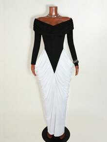 SHEIN Franclia Váy nữ thanh lịch với eo nhún màu tương phản - Đen và trắng - Xem 4