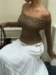 SHEIN Unity Autumn Off-Shoulder Puff Ruffle Lace Fabric Sheer Long Sleeve Top - Army Green - View 5