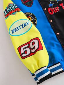 PAVTROS 1 件青少年男孩休闲彩色拼布撞色印花夹克，适合街头穿着 - 藍色 - 查看 4