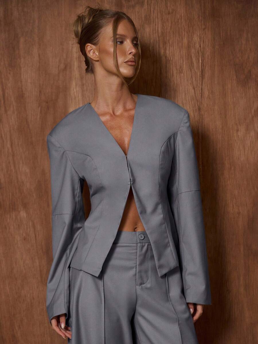 MUSERA Low V-Neck Structured Padded Shoulder Cinched Waist Blazer Only Cute Date Night Going Out Autumn Fall Night Out Work Clean Cut Spring - Grey - View 1