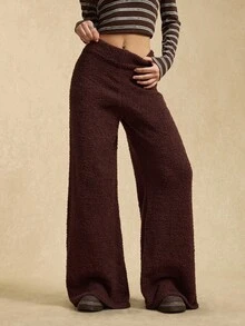 Easelle 女士休闲棕色宽松阔腿针织裤，秋冬 - 棕色 - 查看 6