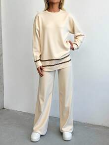 SHEIN Cottnline Drop Shoulder Sweater & Knit Pants - Beige - View 1