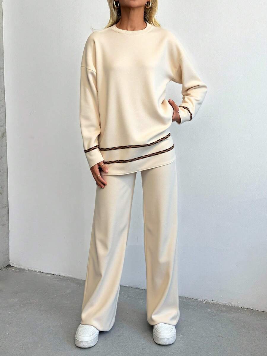 SHEIN Cottnline Drop Shoulder Sweater & Knit Pants - Beige - View 1