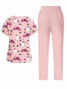 PopScrub 2 件套女士万圣节可爱粉色南瓜、卡通幽灵数码印花护士服上衣和裤子套装