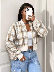 BamGleam Áo khoác nữ tay dài có khóa kéo ngắn họa tiết kẻ caro tối giản hàng ngày - trắng - Xem 5