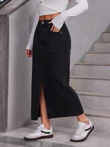 SHEIN PETITE 女式高腰口袋开衩下摆休闲牛仔裙 - 黑色 - 查看 2